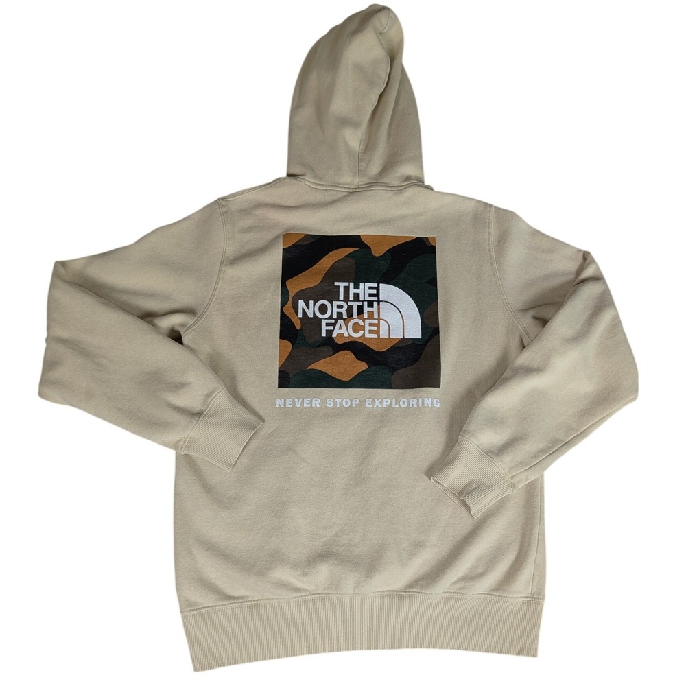 The North Face Hoodie Mens Small Beige Camo Box Logo Graphic Excellent